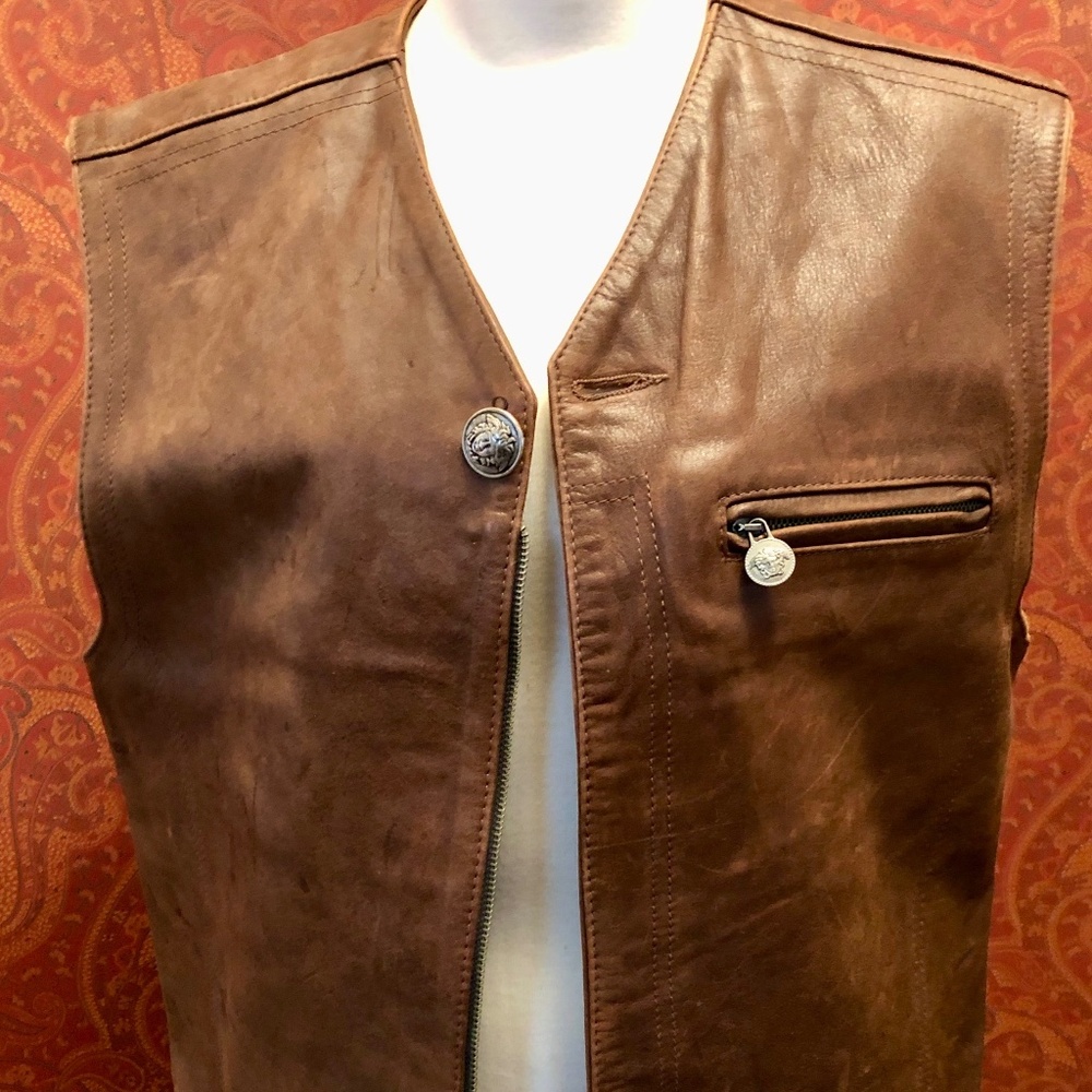 Vintage Versace Cognac Brown Mens Leather Vest 90's